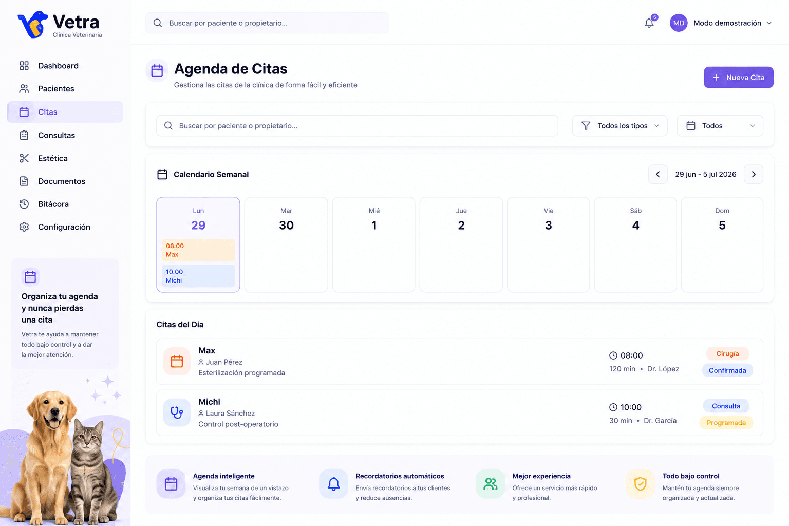 Pantalla de Agenda en Vetra